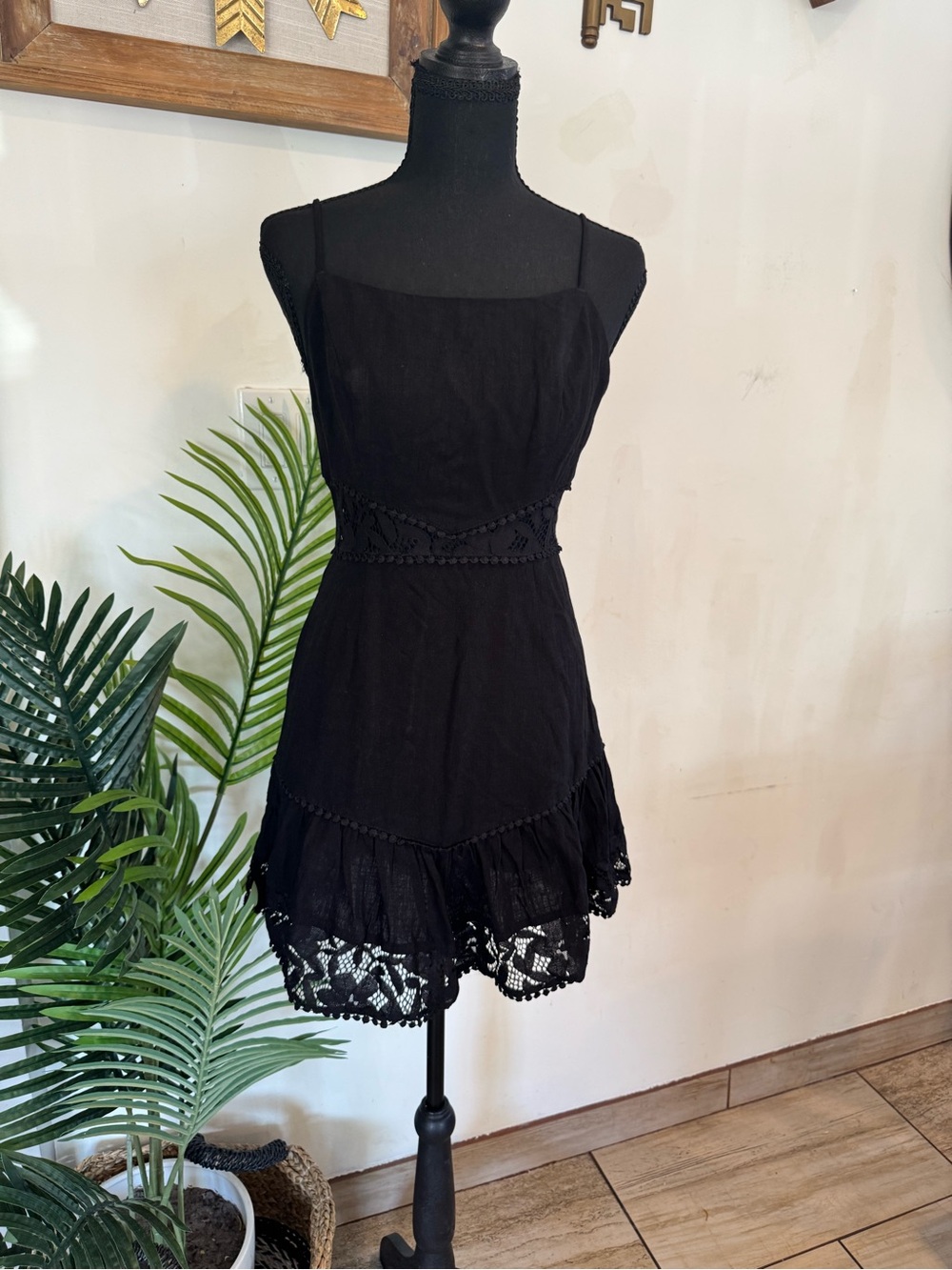 ILLA ILLA Black Lace-Trim Spaghetti Strap Mini Dress